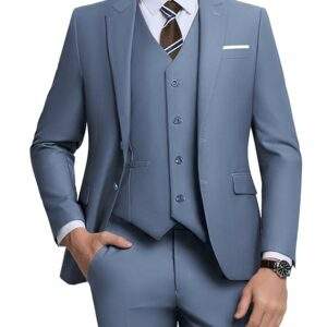 ZKHOECR Men's 3 Piece Slim Fit Suit Set, Two Button Blazer Solid Jacket Vest Pants Wedding Business Suit